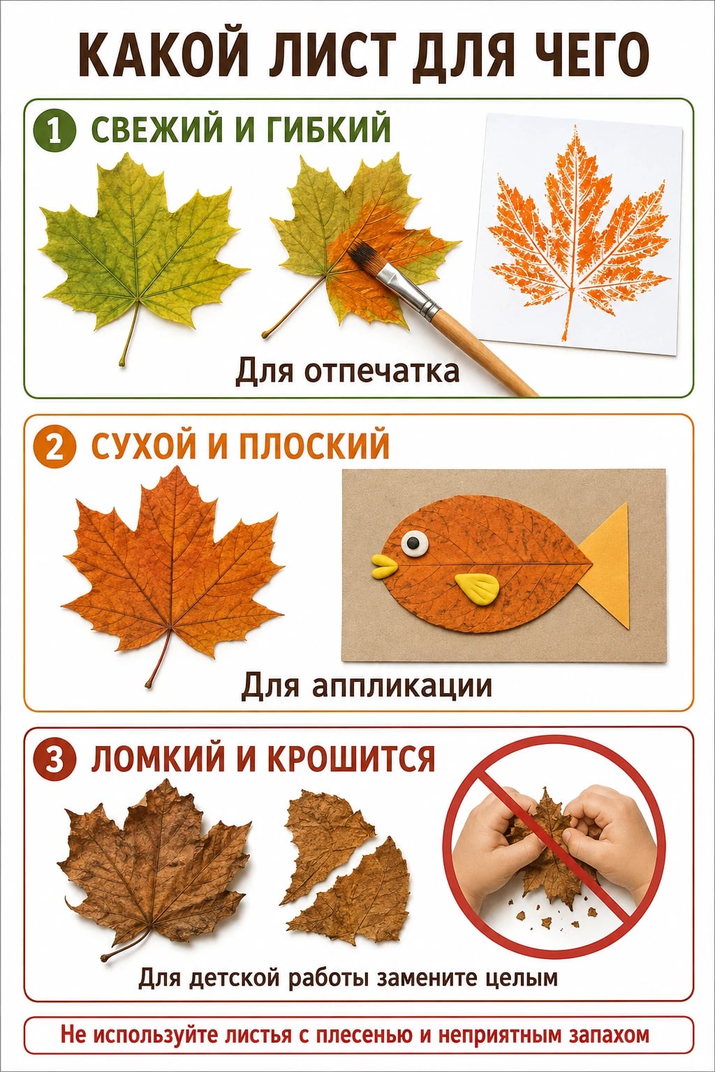 Свежий гибкий лист используют для отпечатка, сухой плоский — для аппликации, ломкий и крошащийся заменяют целым