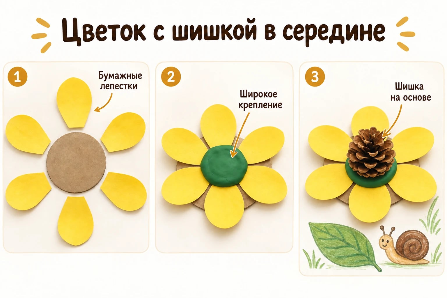 Цветок с шишкой в середине. Бумажные лепестки; Широкое крепление; Шишка на основе.