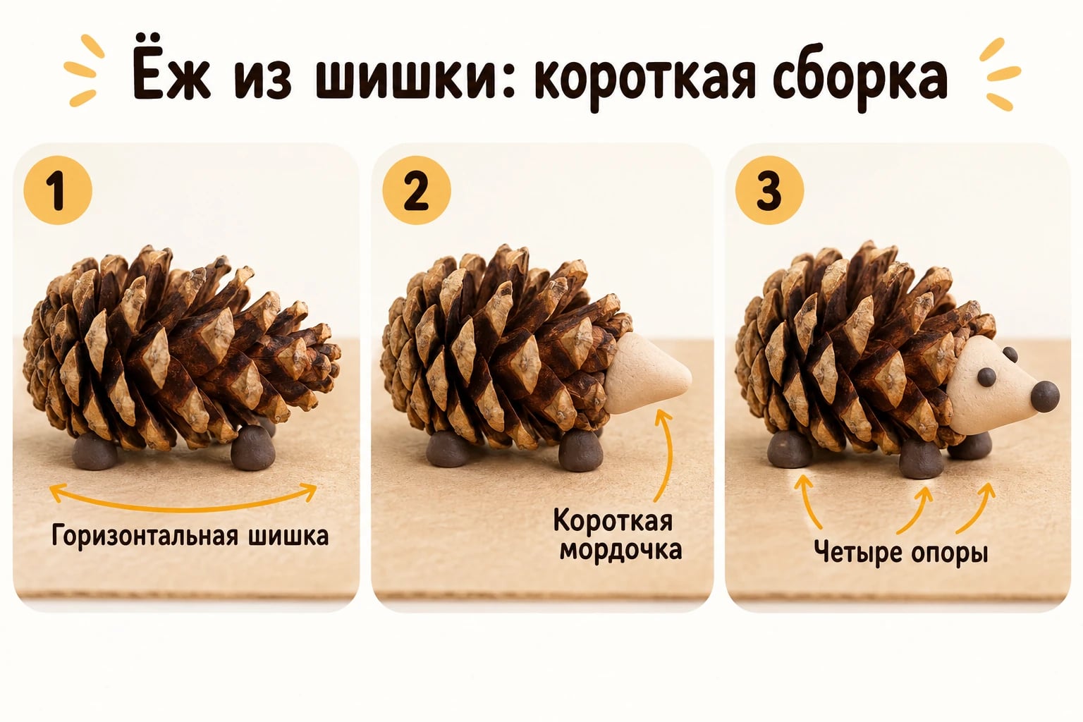 Ёж из шишки: короткая сборка. Горизонтальная шишка; Короткая мордочка; Четыре опоры.