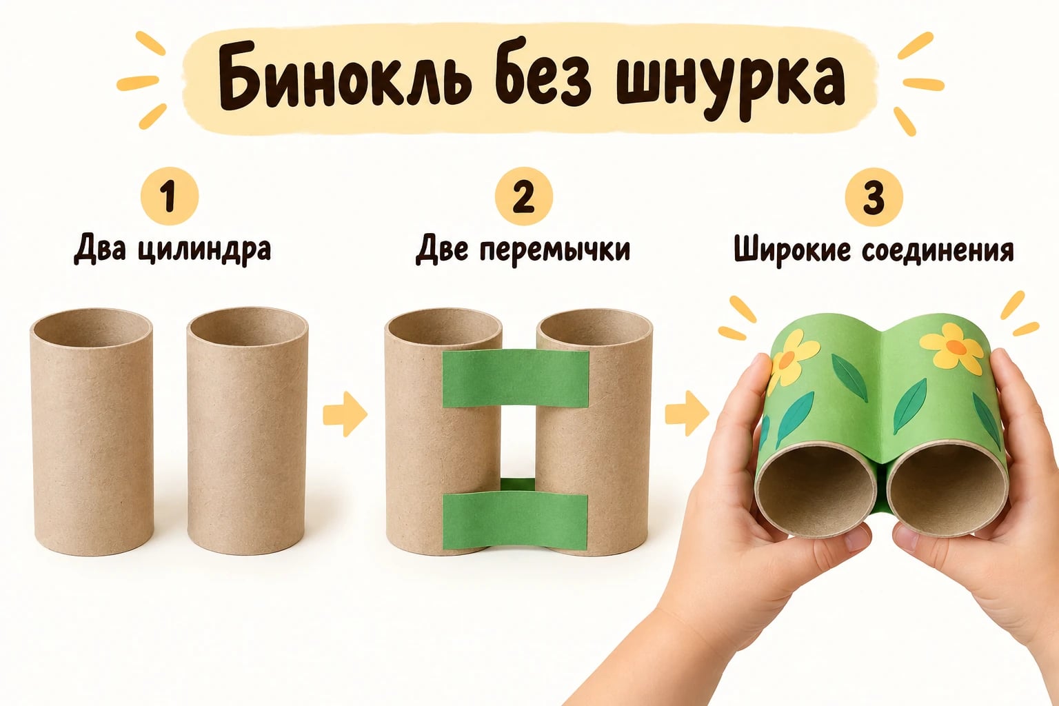 Бинокль без шнурка. Два цилиндра; Две перемычки; Широкие соединения.