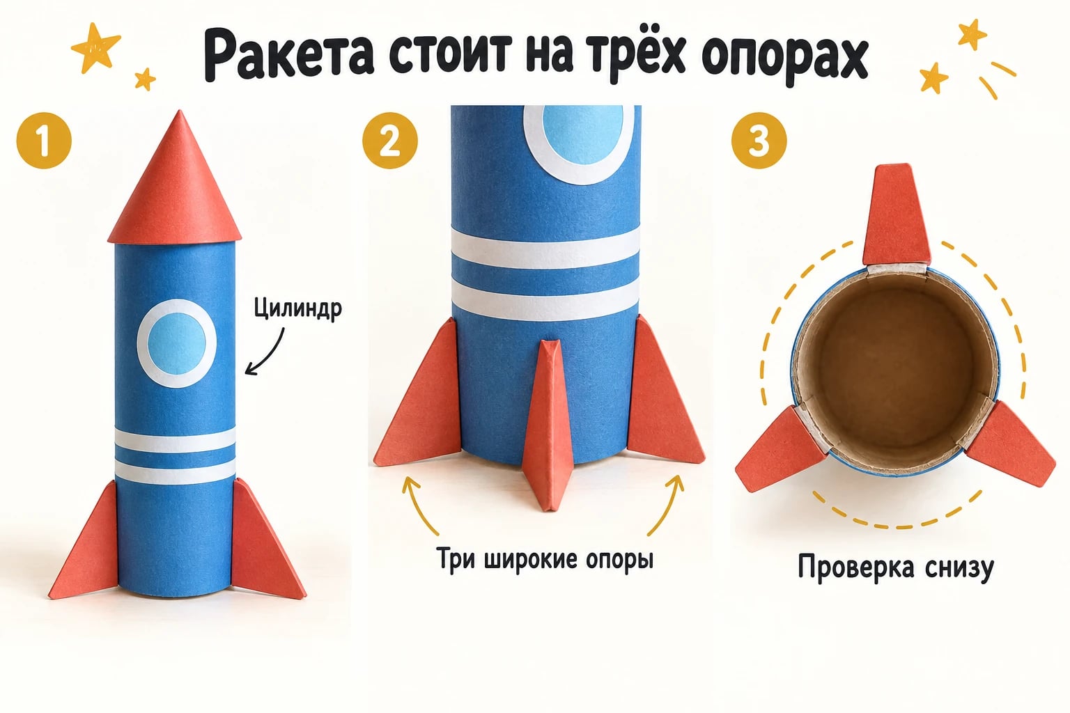 Ракета стоит на трёх опорах. Цилиндр; Три широкие опоры; Проверка снизу.