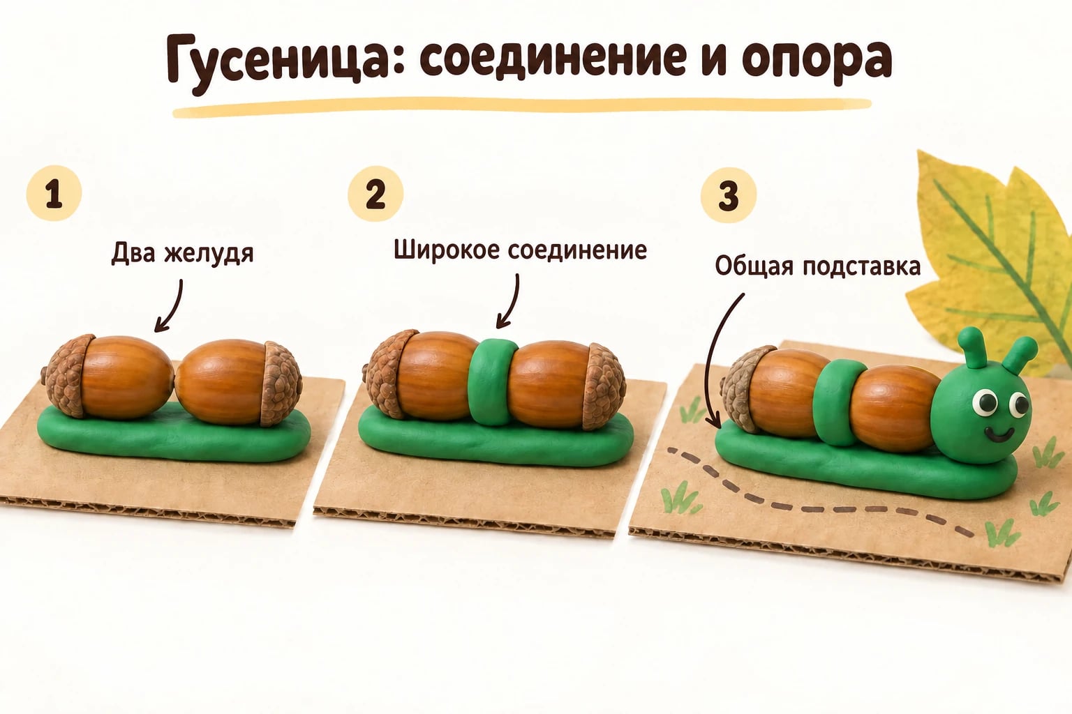 Гусеница: соединение и опора. Два желудя; Широкое соединение; Общая подставка.