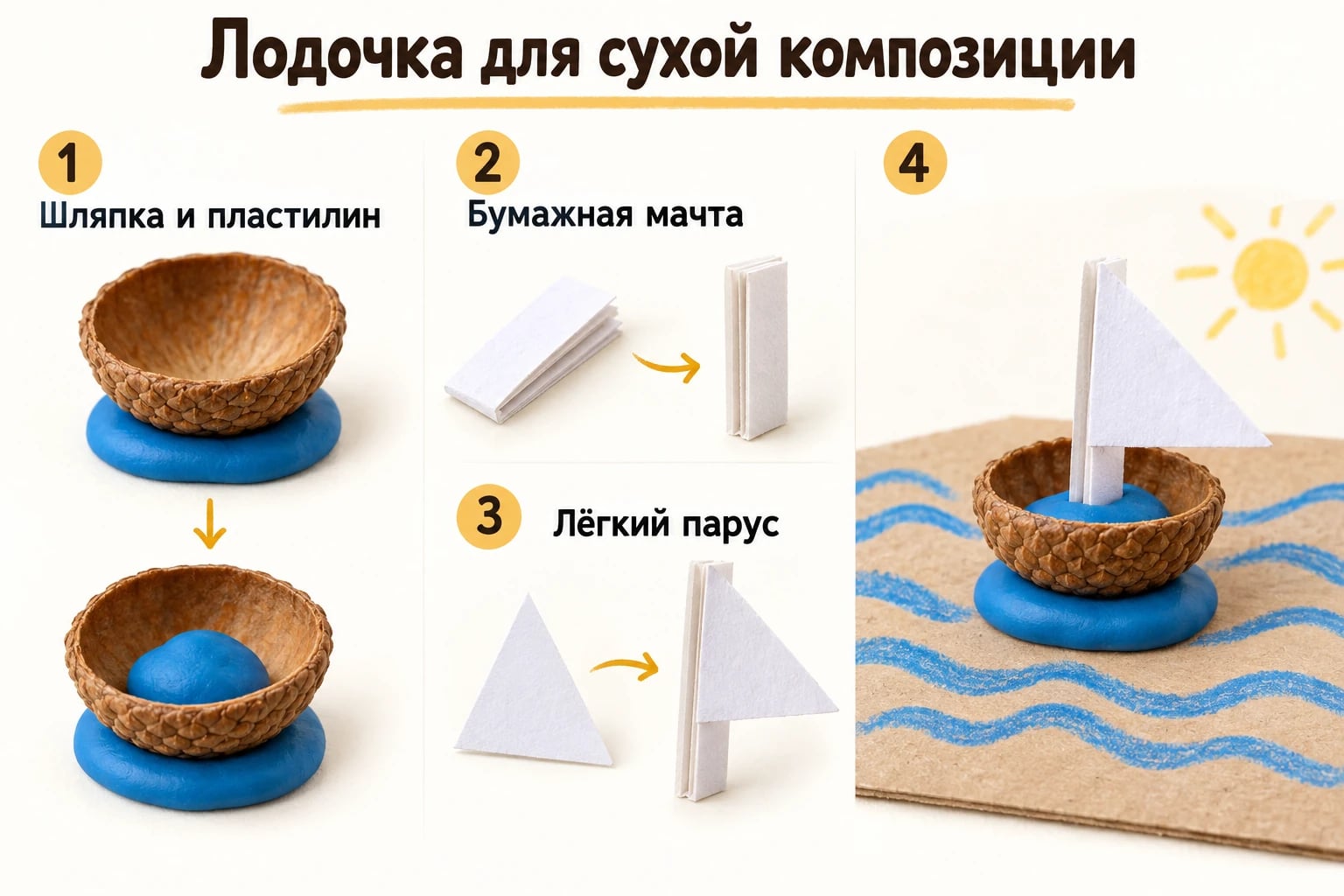 Лодочка для сухой композиции. Шляпка и пластилин; Бумажная мачта; Лёгкий парус.