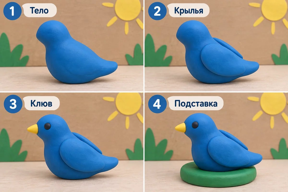 Четыре этапа лепки птицы на подставке