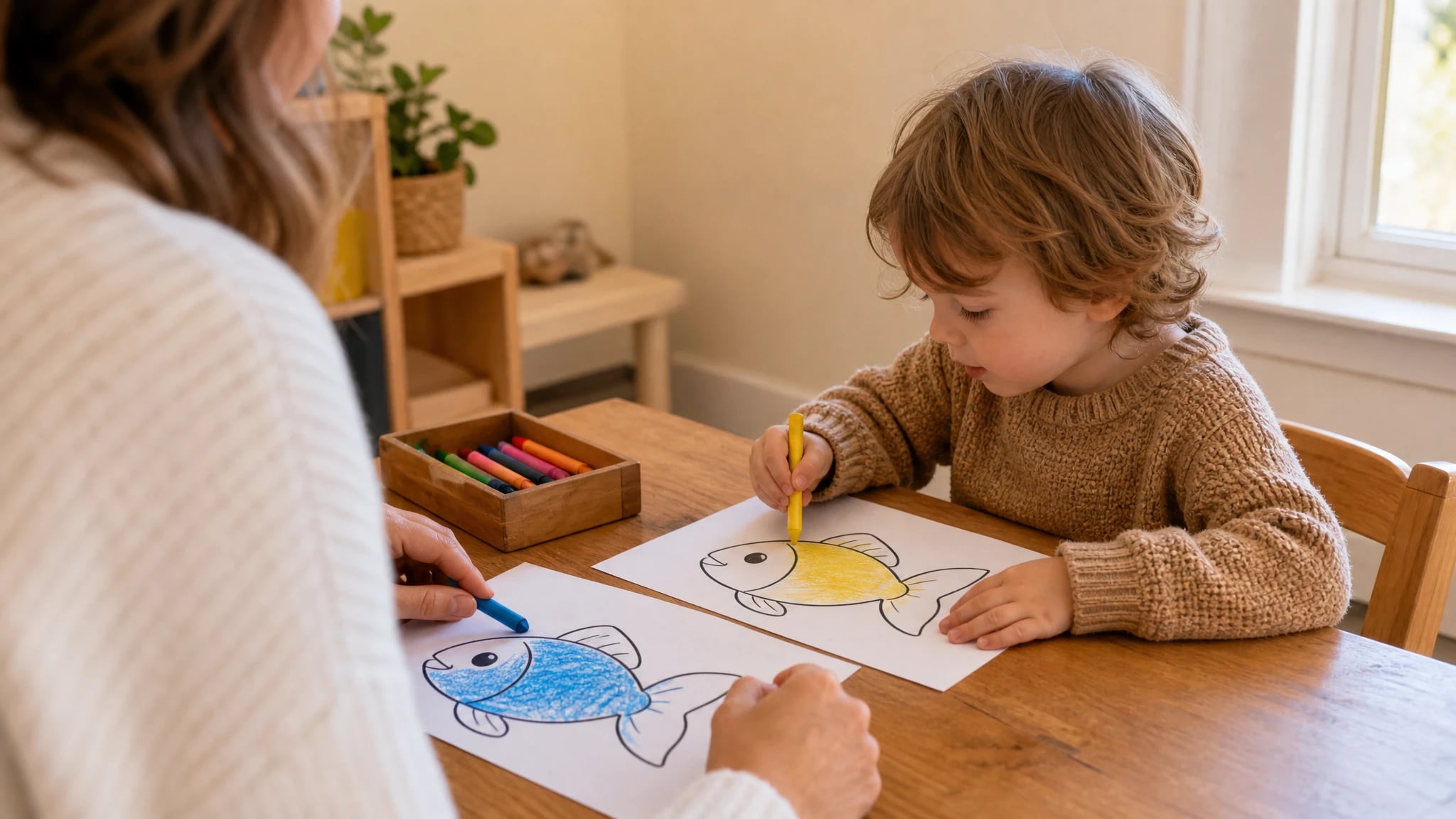 Родитель и ребёнок 3-4 лет вместе раскрашивают за столом
