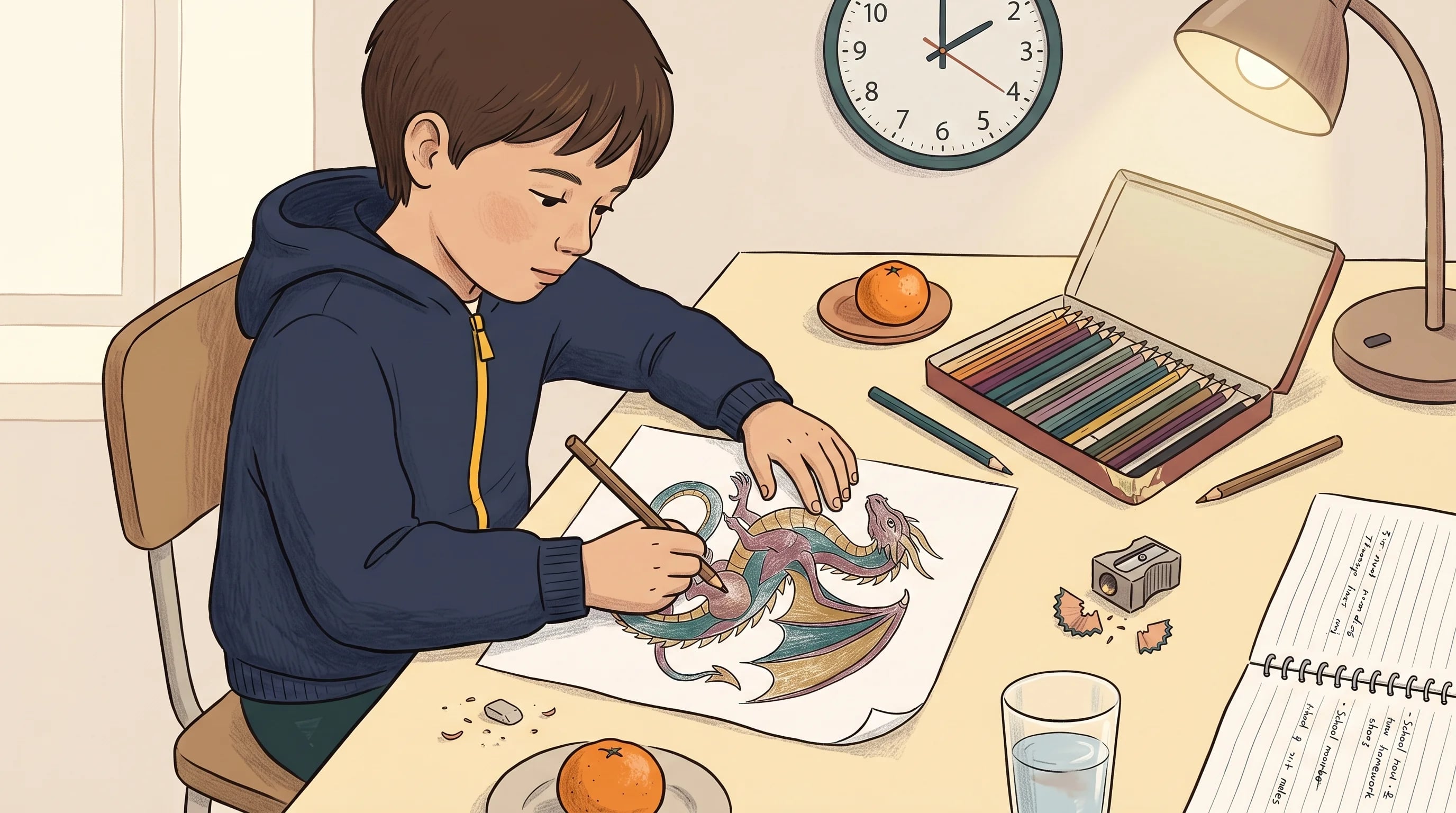 Школьник 8-9 лет в тёмной толстовке за домашним столом раскрашивает детального дракона тонкими цветными карандашами, правильный захват инструмента