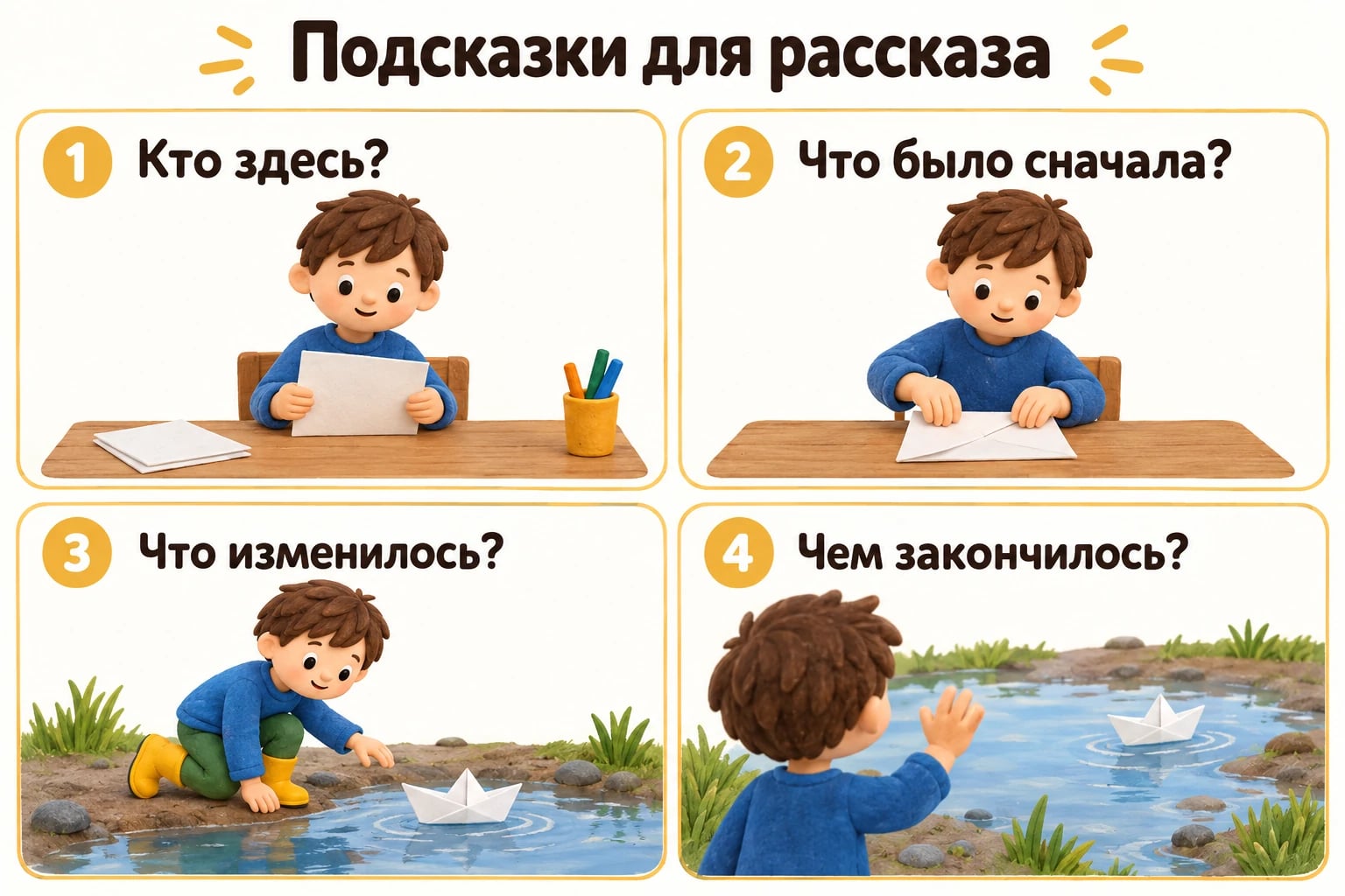 Подсказки для рассказа. Кто здесь?; Что было сначала?; Что изменилось?; Чем закончилось?.