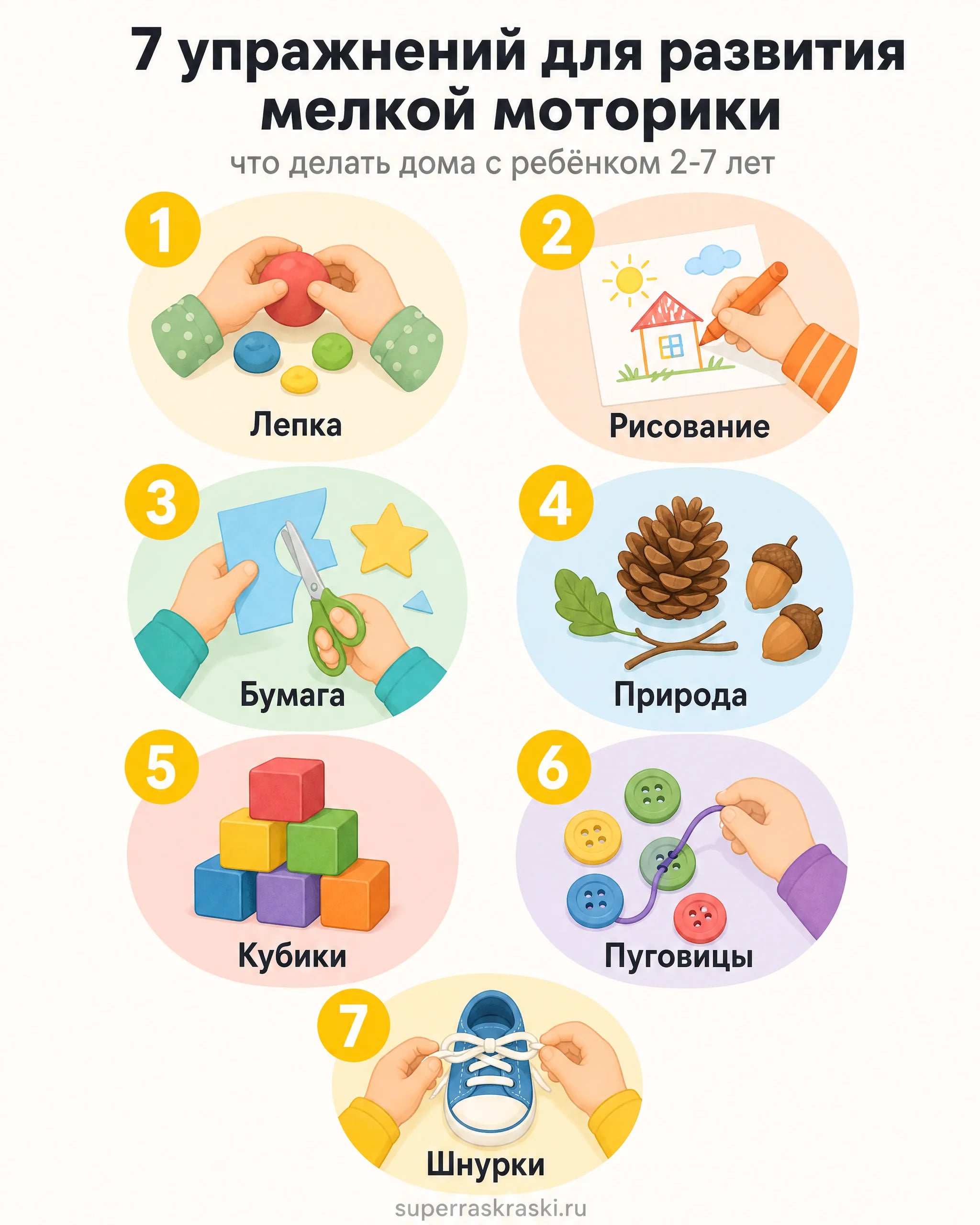 Инфографика: 7 типов упражнений на мелкую моторику - лепка, рисование, бумага, природа, кубики, пуговицы, шнурки