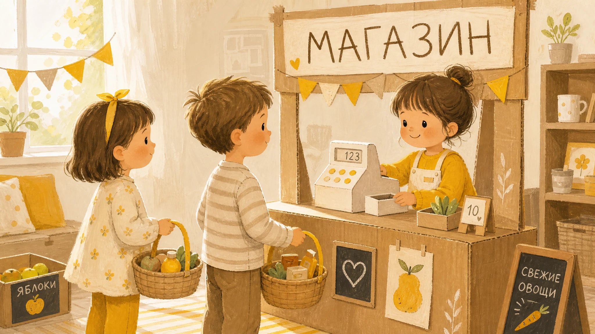 Дети играют в сюжетно-ролевую игру: магазин