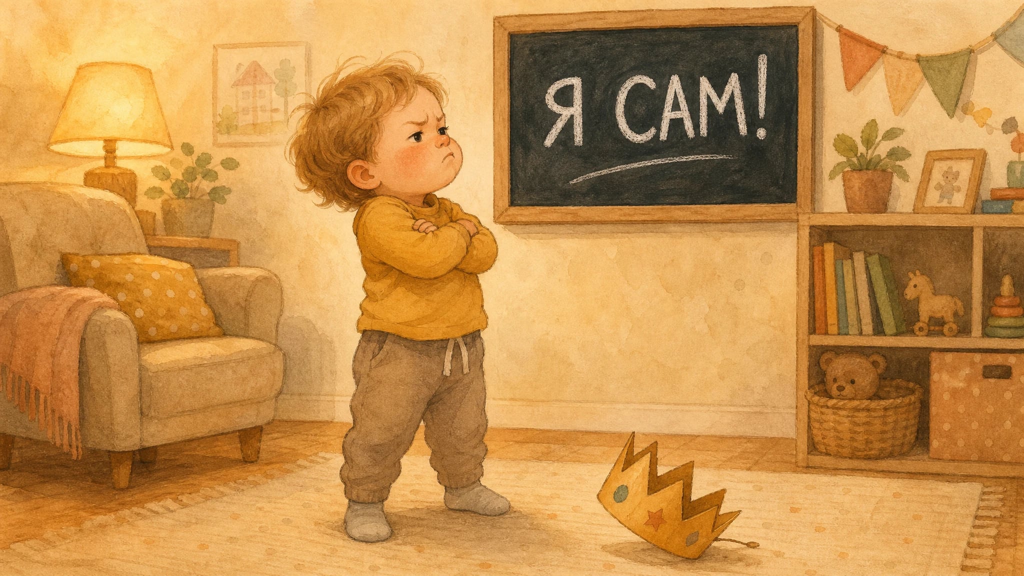 Иллюстрация кризиса 3 лет: ребёнок упрямо скрестил руки