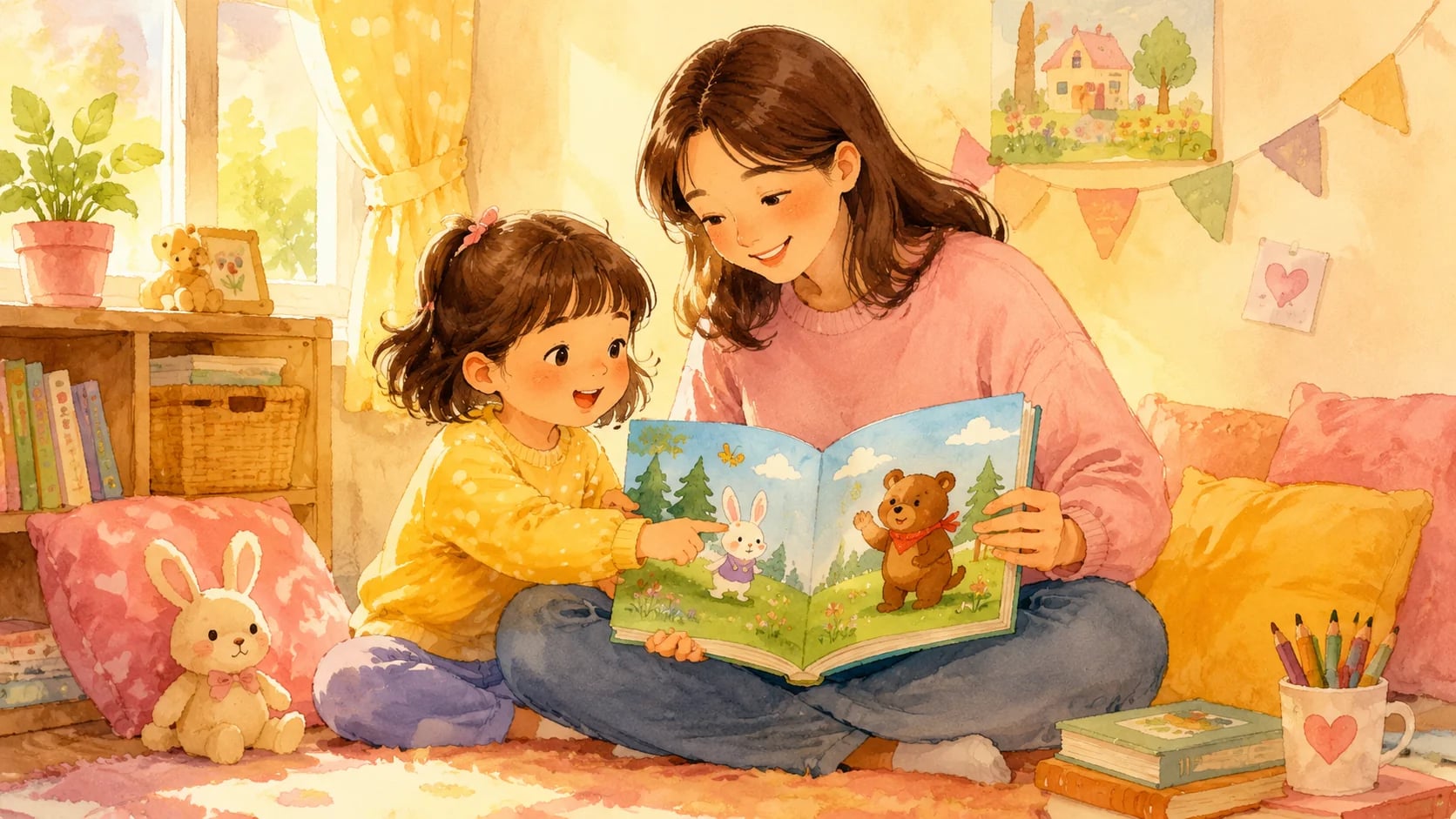 Мама и ребёнок 5 лет читают книгу - тренировка связной речи через пересказ