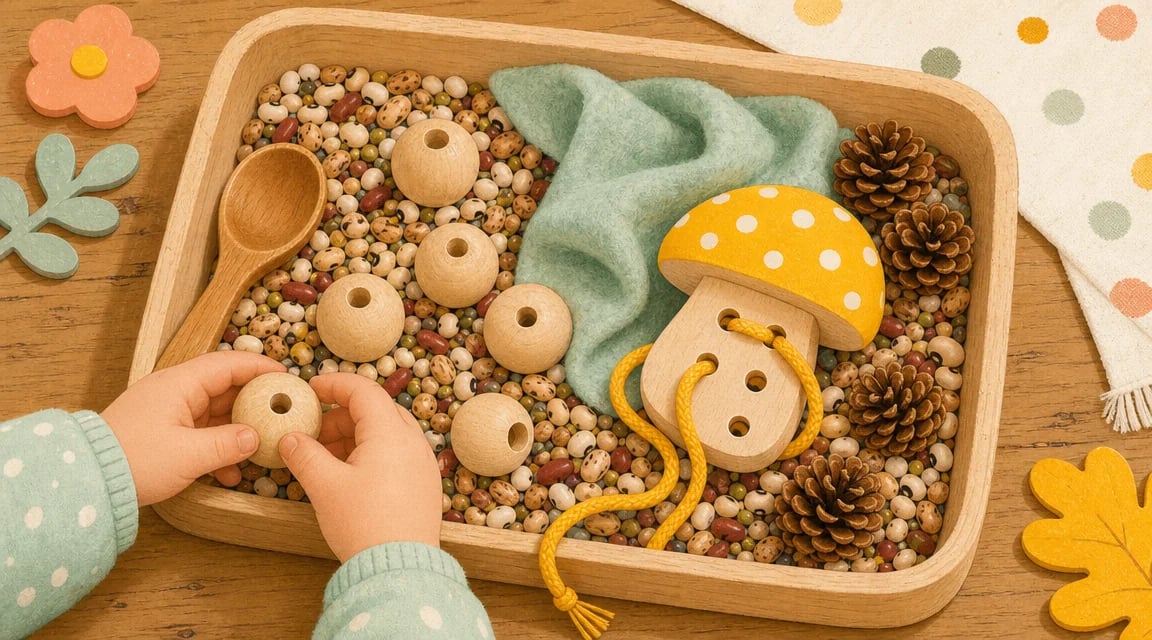 Сенсорная коробка для ребёнка 3-4 лет с деревянными бусинами, шнуровкой, кусочком ткани и природными материалами