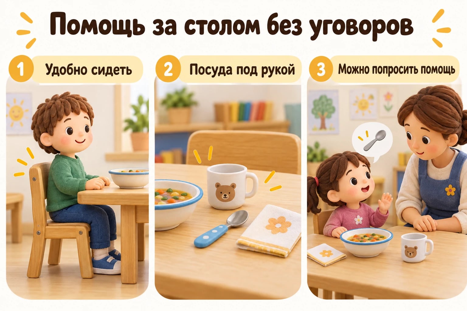 Помощь за столом без уговоров. Удобно сидеть; Посуда под рукой; Можно попросить помощь.