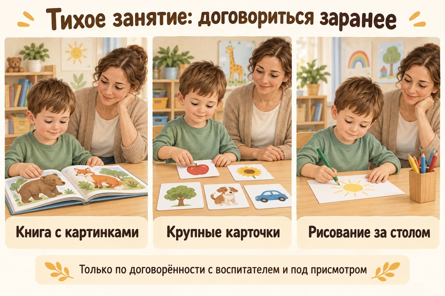 Тихое занятие: договориться заранее. Книга с картинками; Крупные карточки; Рисование за столом.