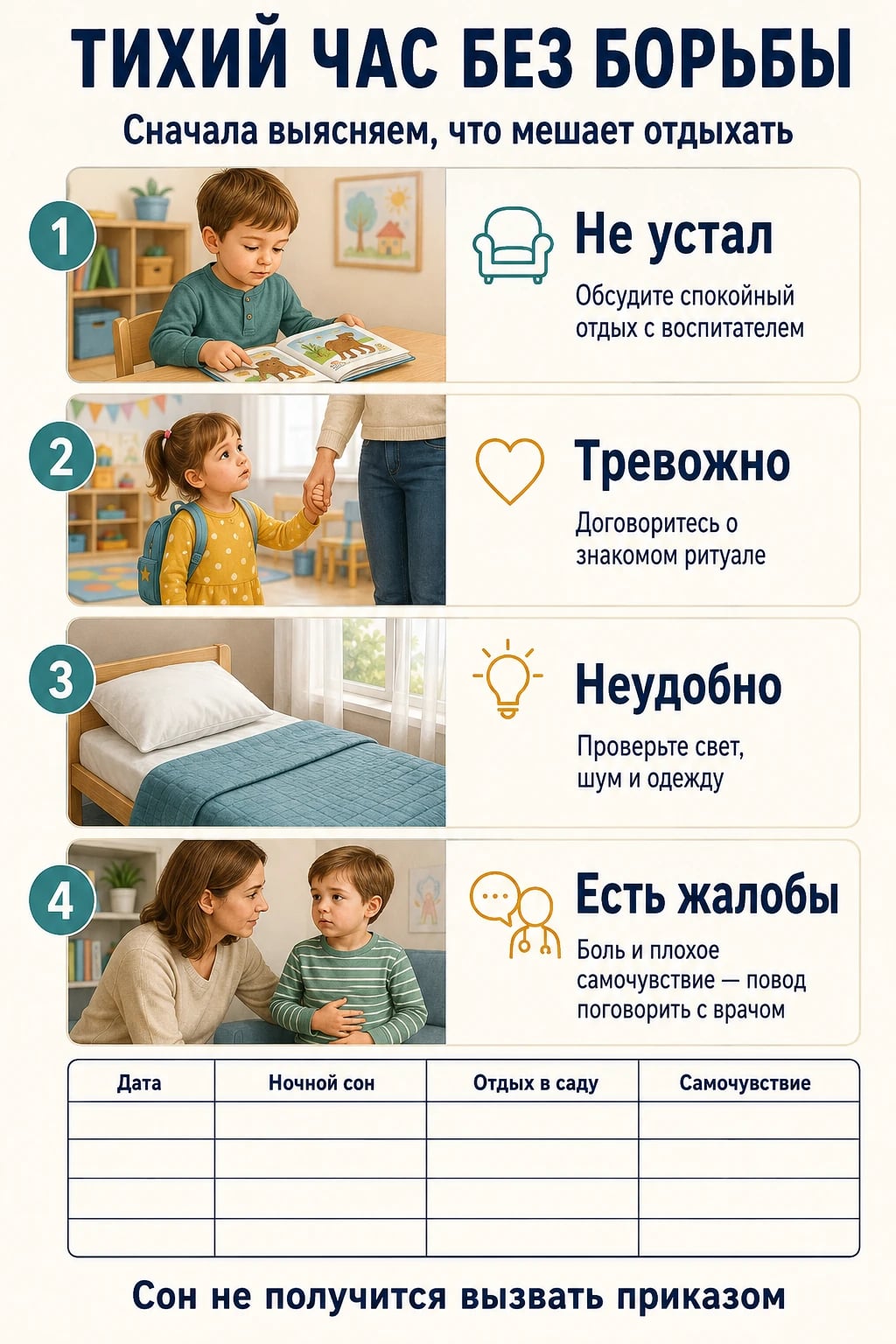 Памятка о тихом часе: отсутствие сонливости, тревога, неудобство и жалобы на самочувствие, внизу пустой дневник наблюдений