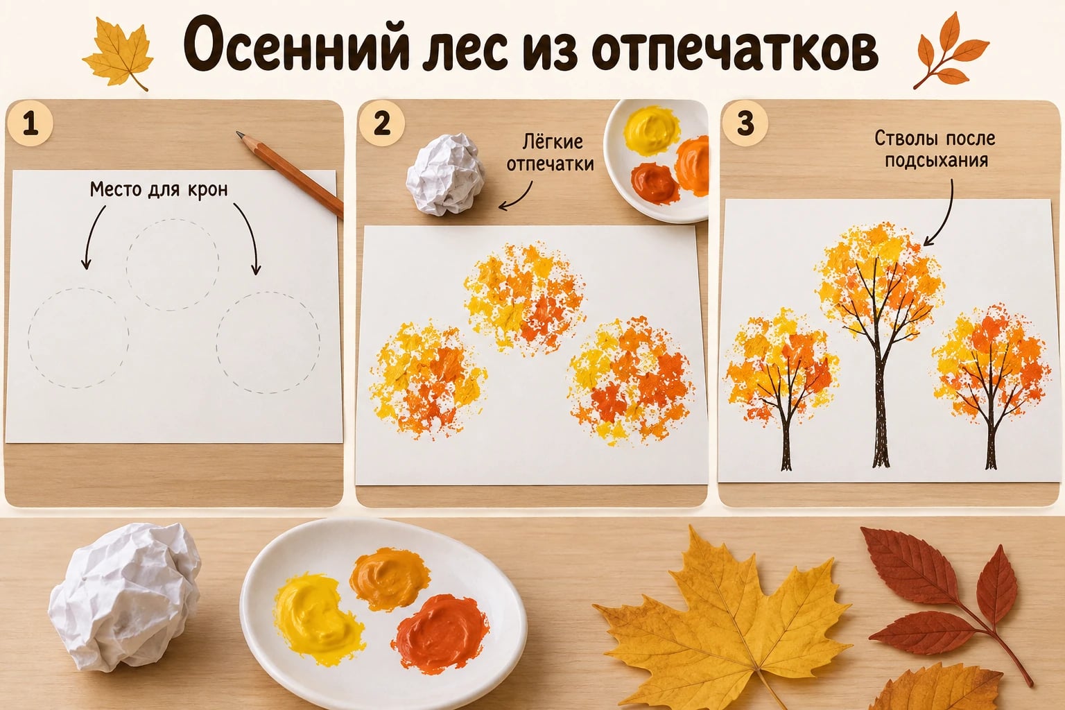 Осенний лес из отпечатков. Место для крон; Лёгкие отпечатки; Стволы после подсыхания.