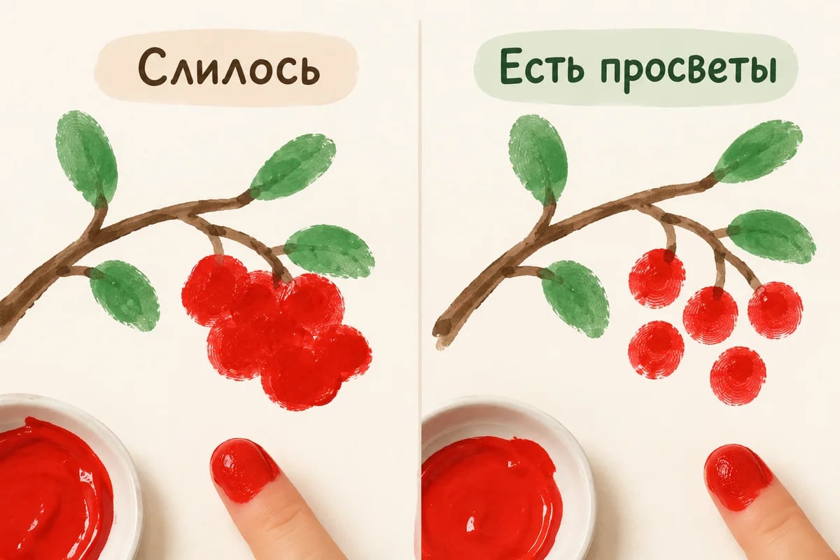 Слившиеся ягоды и отдельные отпечатки на ветке