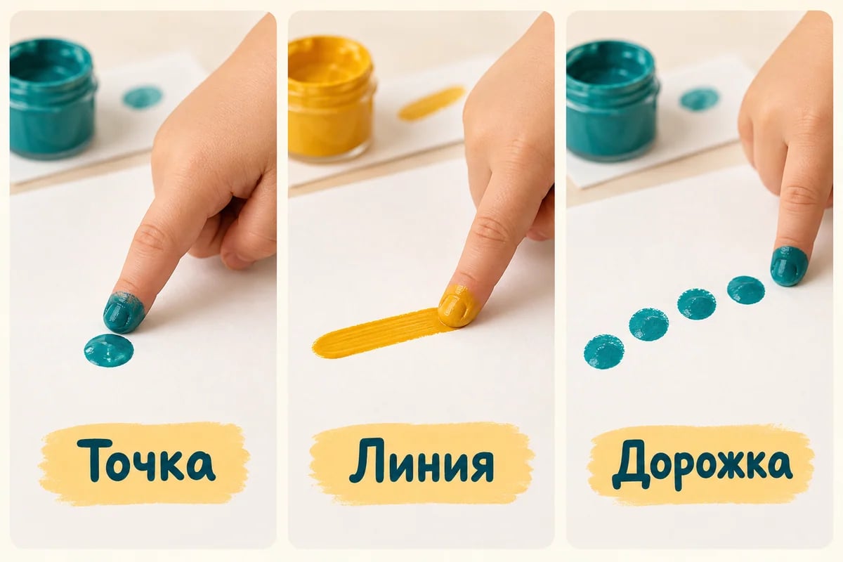 Точка, короткая линия и дорожка кончиком пальца