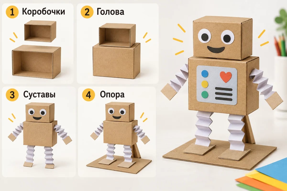 Сборка двух коробочек, суставов и основания робота