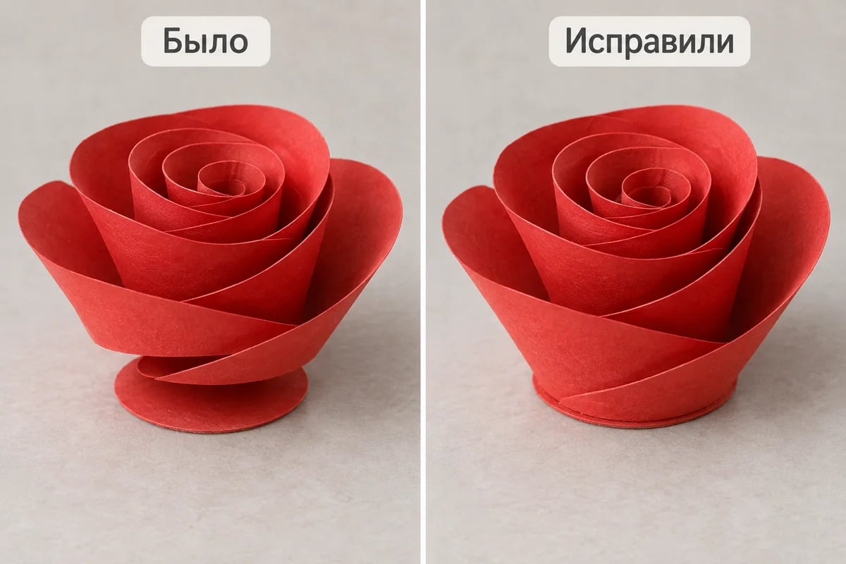 Нижние края спиральной розы до и после приклеивания к основанию