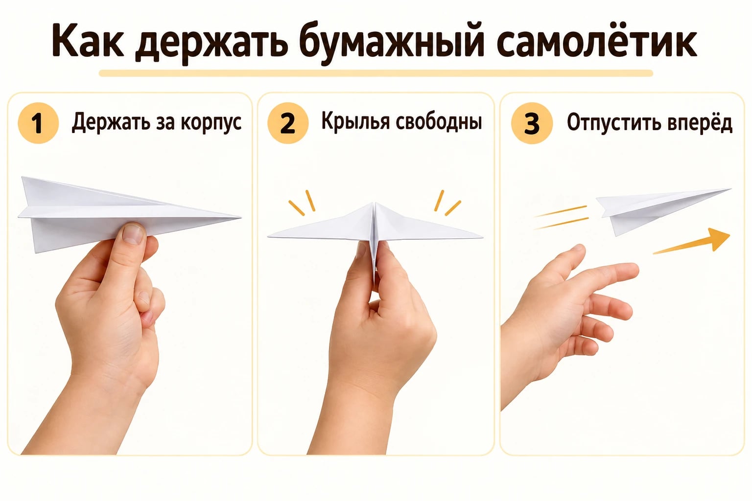 Как держать бумажный самолётик. Держать за корпус; Крылья свободны; Отпустить вперёд.