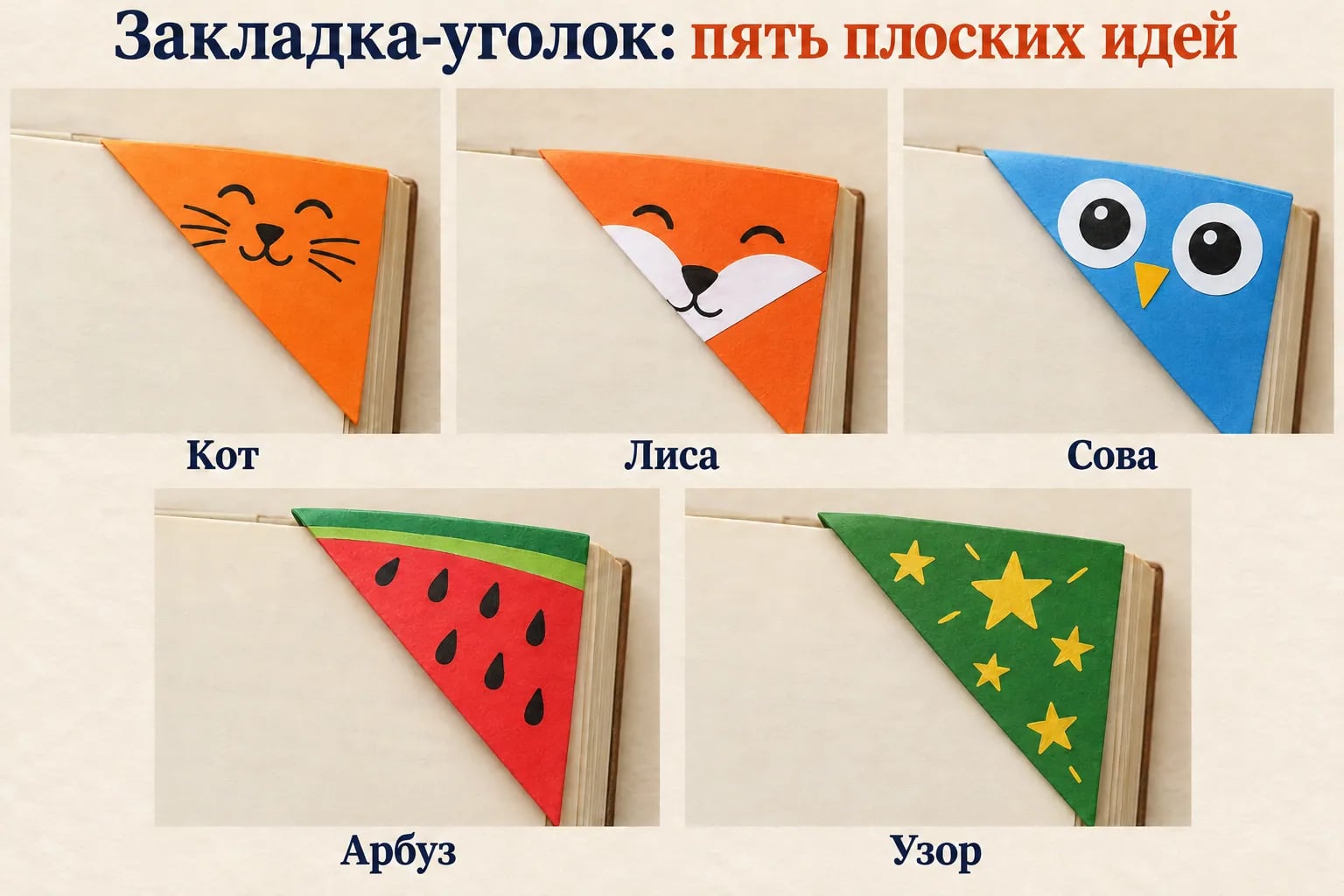 Пять треугольных бумажных закладок на углах страниц: кот, лиса, сова, арбуз и звёздный узор, без выступающих ушей и объёмного декора