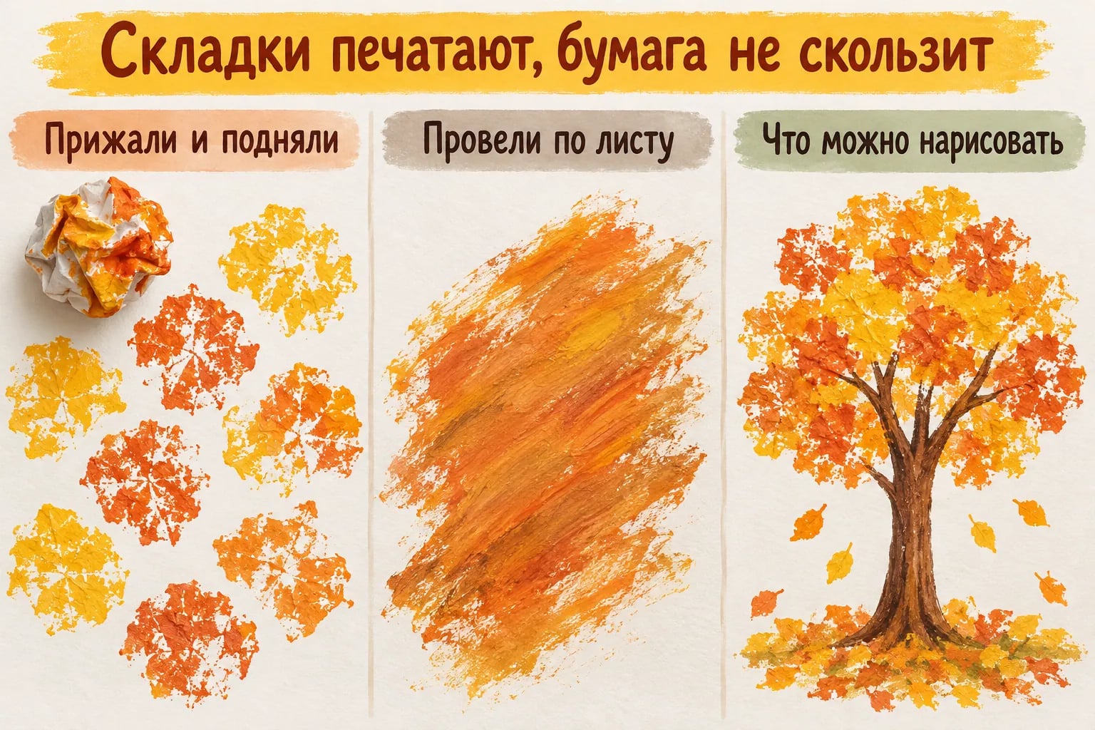 Фактурные отпечатки складок мятой бумаги, сплошная полоса от растирания и дерево с отпечатанной осенней кроной
