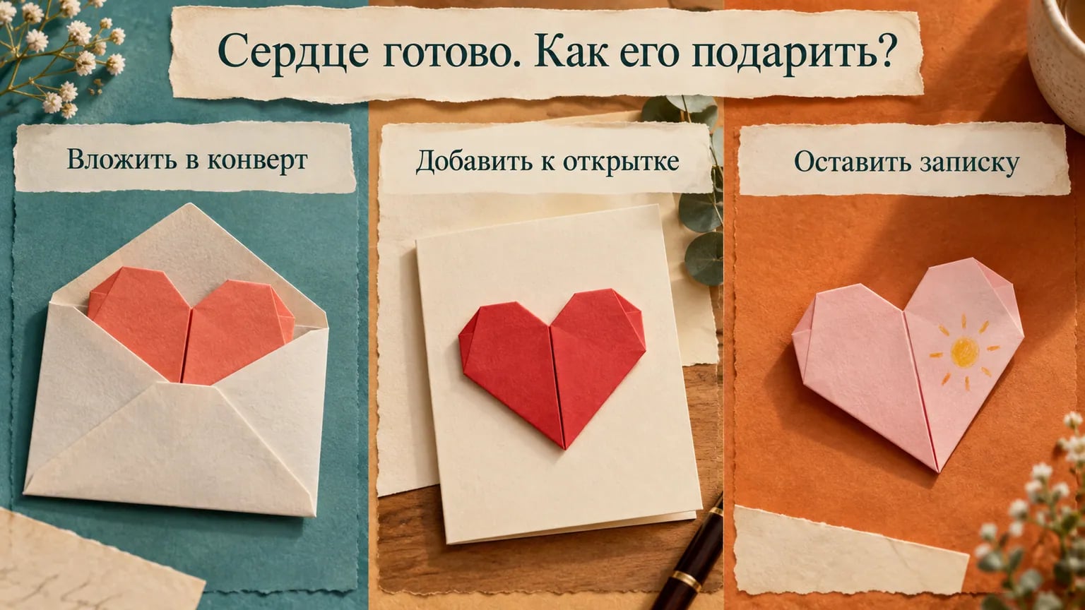 Плоское бумажное сердечко в конверте, на открытке и с нарисованным солнцем на лицевой стороне