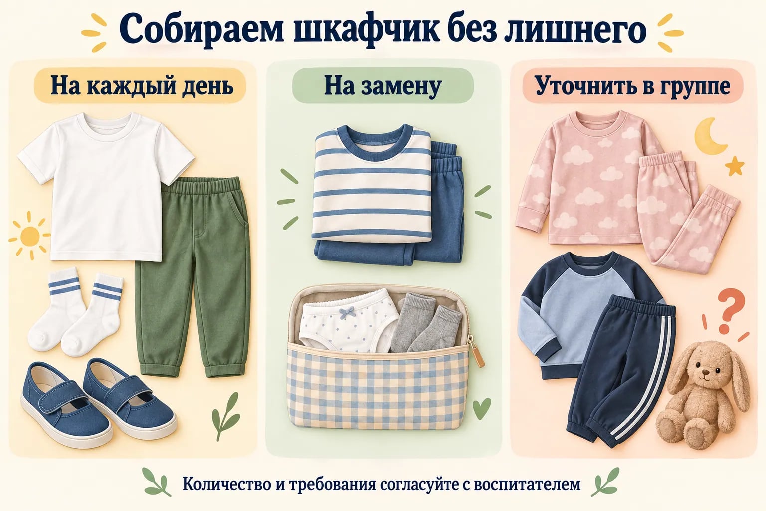 Три группы вещей для детского сада: повседневная одежда и обувь, запасной комплект, вещи для согласования с воспитателем