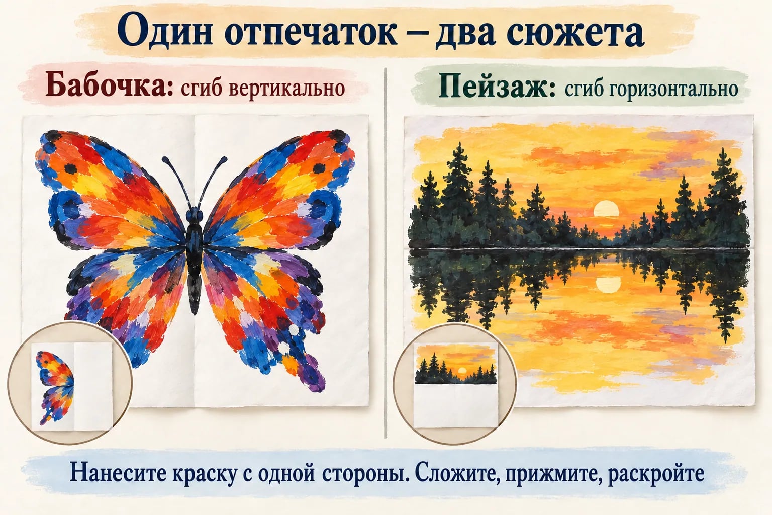 Бабочка с вертикальной осью между крыльями и пейзаж с горизонтальной линией берега и перевёрнутым отражением деревьев
