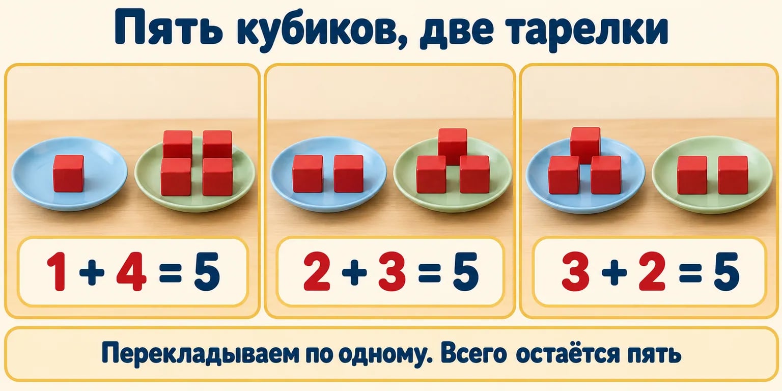 Пять одинаковых красных кубиков на двух тарелках: один и четыре, два и три, три и два