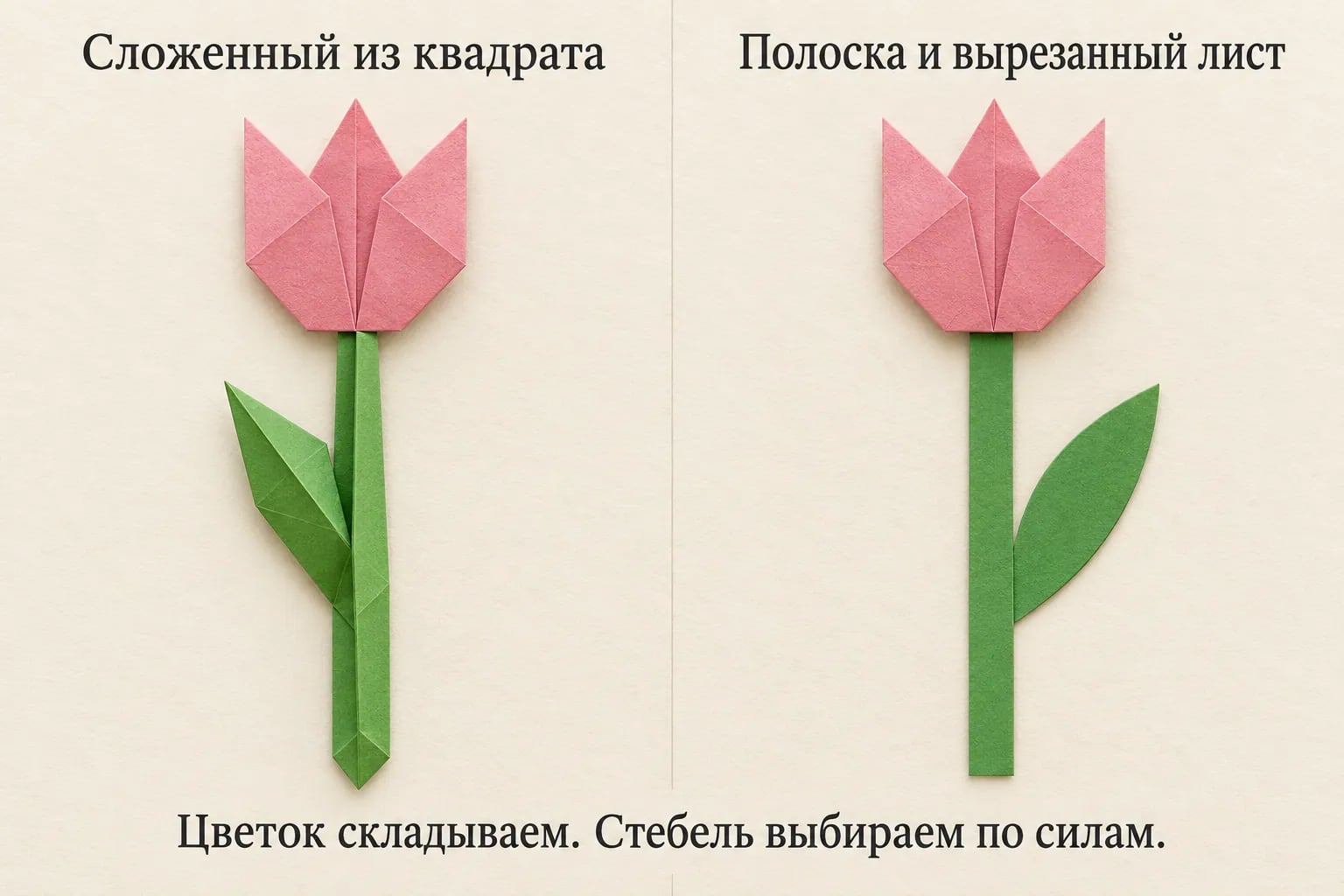 Одинаковый плоский тюльпан с двумя видами стебля: сложенным из зелёного квадрата и вырезанным из бумажной полоски с листом