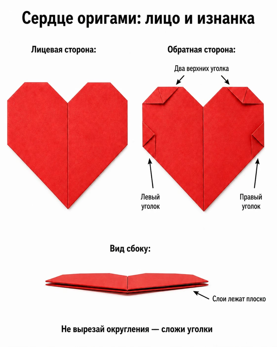 Лицевая и обратная стороны красного сердца оригами: два верхних уголка и по одному боковому подвороту слева и справа