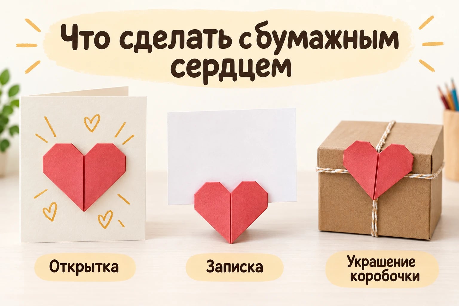 Что сделать с бумажным сердцем. Открытка; Записка; Украшение коробочки.