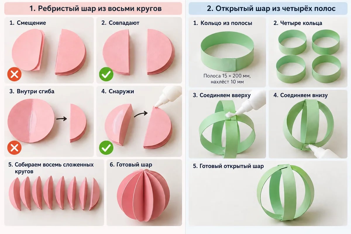 Схема совмещения и склейки сложенных кругов рядом с последовательностью соединения четырёх колец