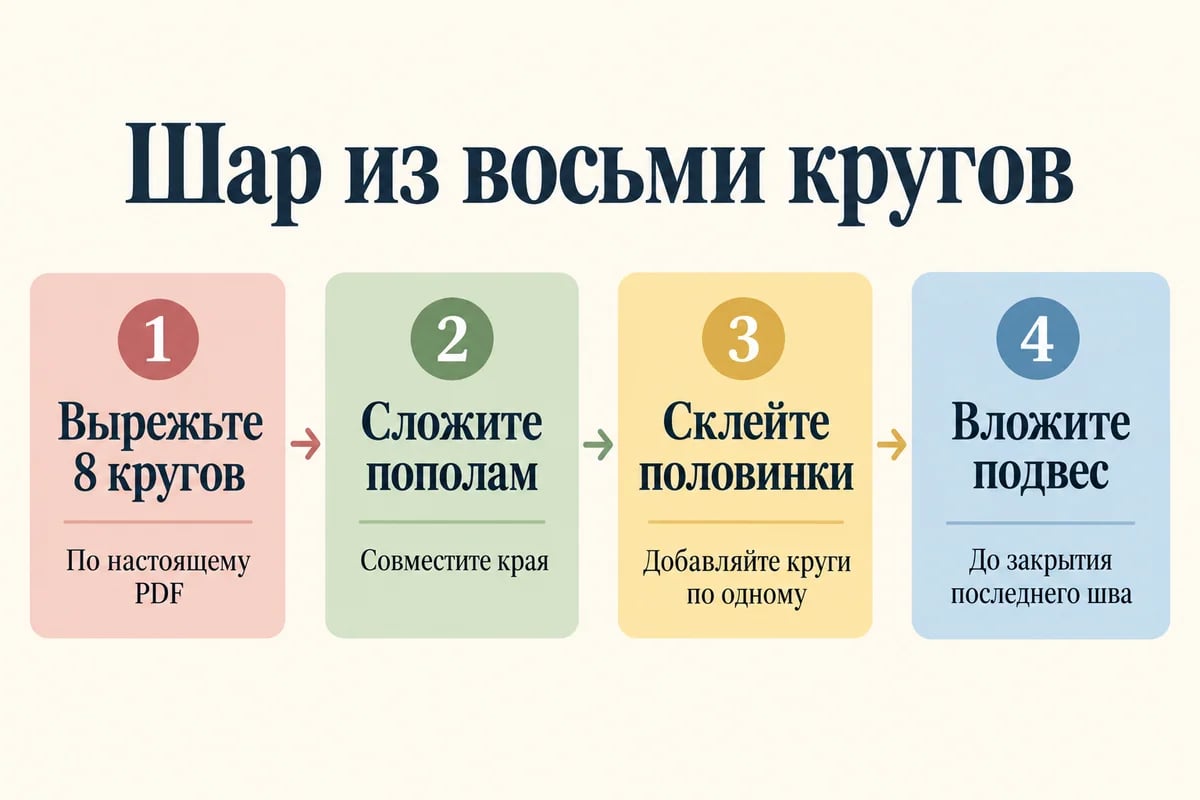 Текстовая памятка сборки шара из восьми кругов: вырезать, сложить, склеить и вложить подвес