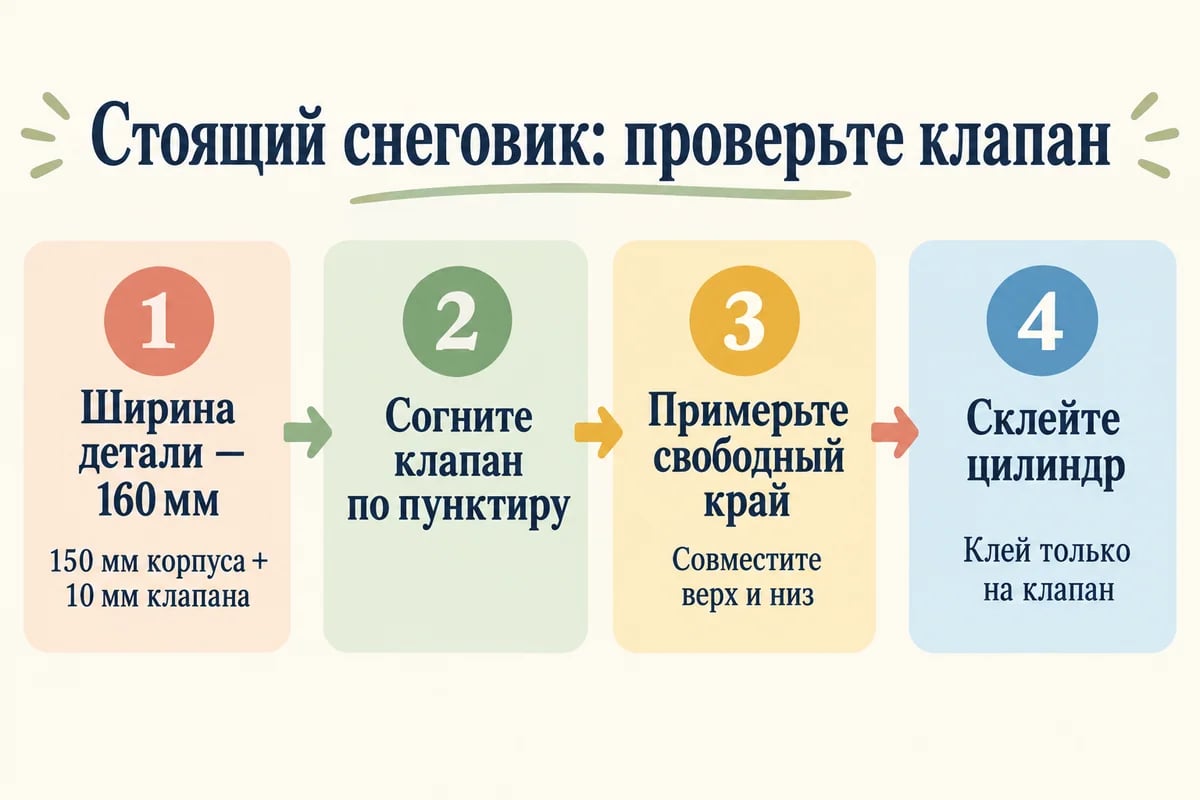 Текстовая памятка сборки цилиндрического снеговика: ширина 160 мм, клапан 10 мм, примерка и склейка