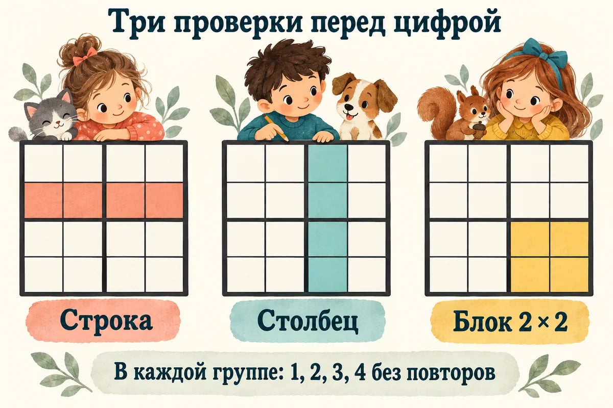 Строка, столбец и квадрат 2 на 2 на поле судоку