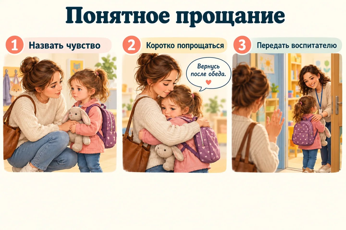 Три этапа утреннего прощания: объятие, понятная фраза о возвращении, встреча с воспитателем