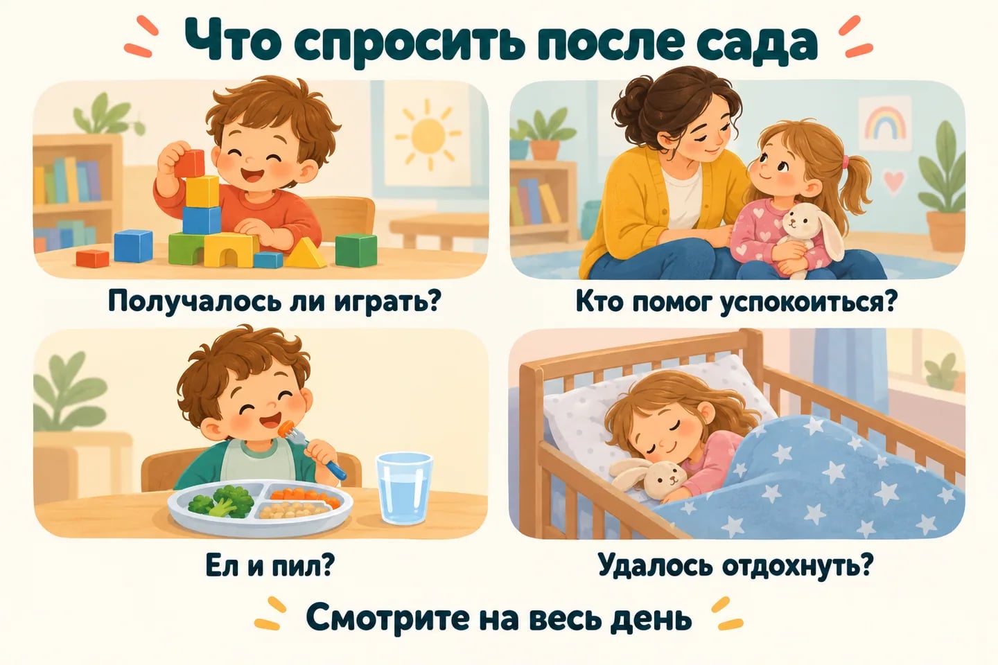 Четыре темы разговора с воспитателем: игра, помощь взрослого, еда и вода, отдых