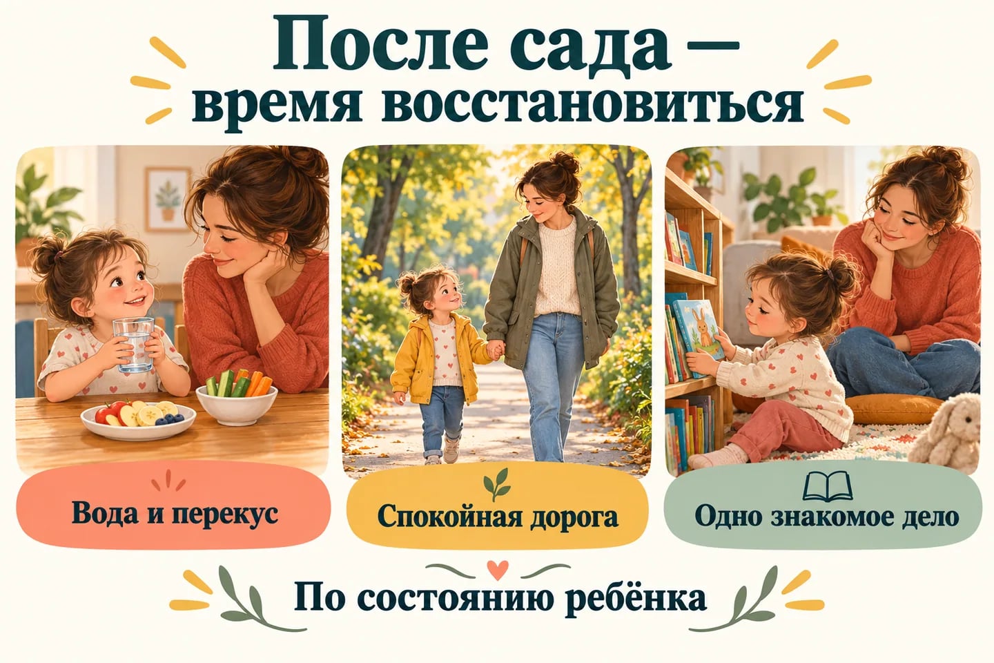 После детского сада: вода и перекус по потребности, спокойная прогулка, знакомое домашнее дело