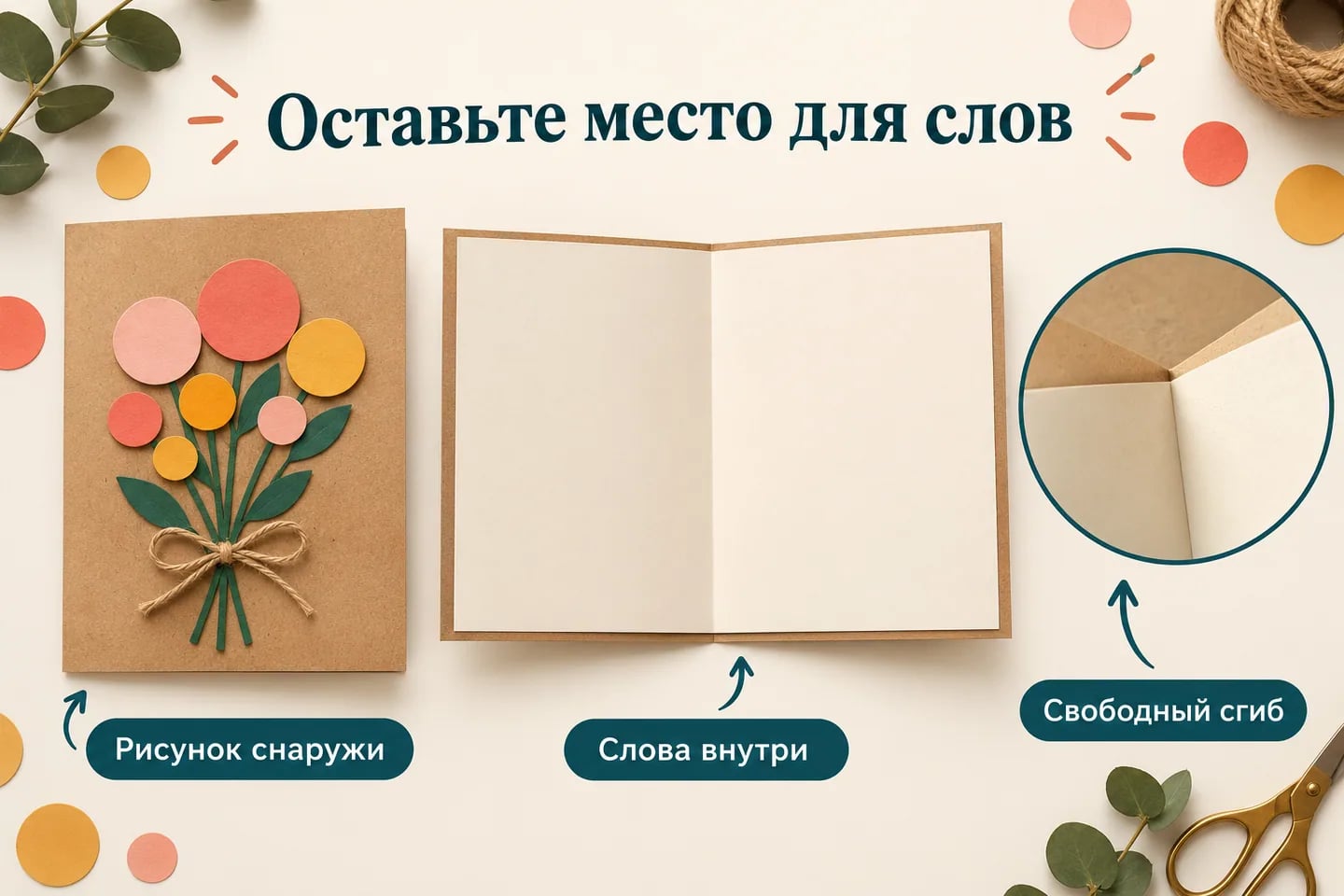 Разметка открытки: рисунок на лицевой стороне, слова внутри, свободная полоса вдоль сгиба
