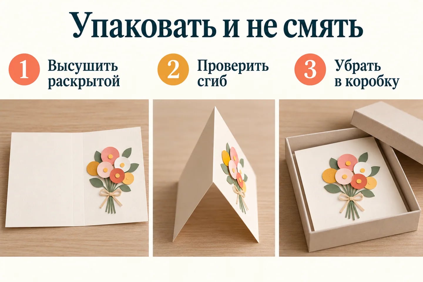 Открытка сохнет раскрытой, сгиб проверен, объёмные цветы упакованы в просторную коробку
