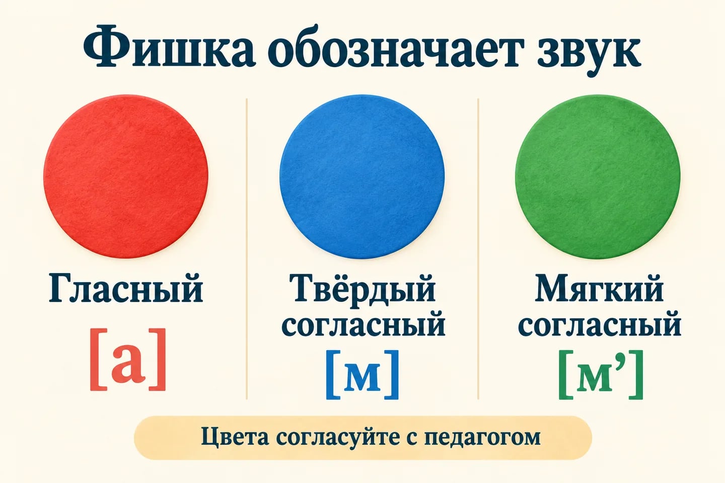 Красная фишка для гласного [а], синяя для твёрдого [м], зелёная для мягкого [м’]