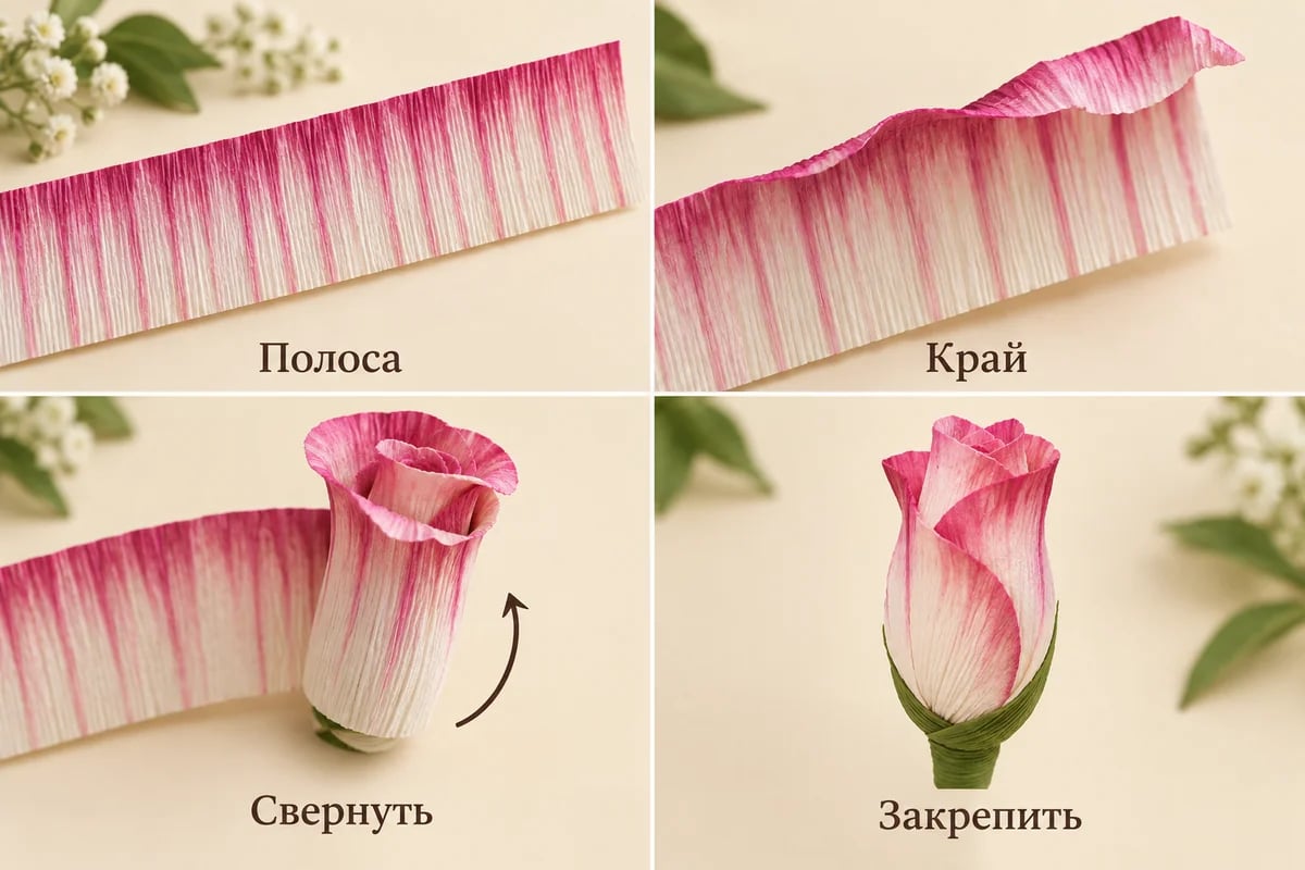 Четыре этапа полосового бутона: полоса, мягкий край, сворачивание и закрепление основания