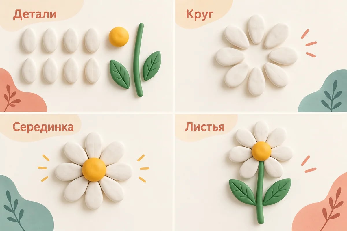 Четыре этапа сборки цветка на картоне