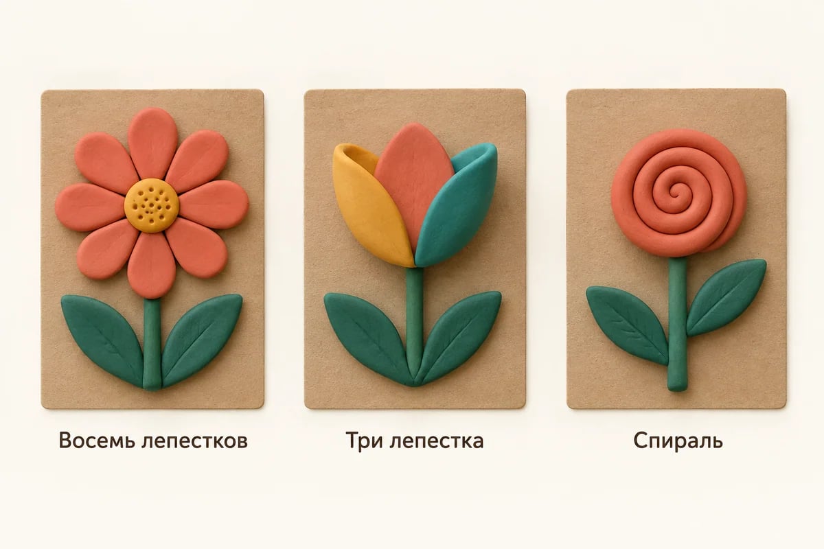 Три разных плоских цветка из пластилина