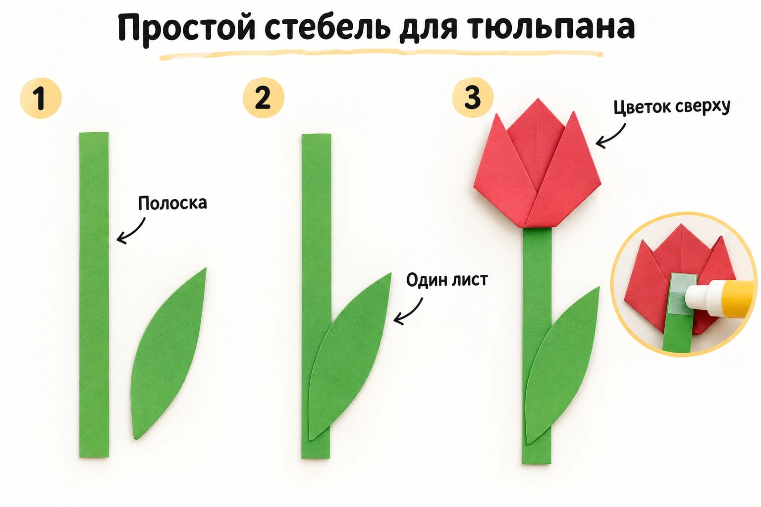 Простой стебель для тюльпана. Полоска; Один лист; Цветок сверху.
