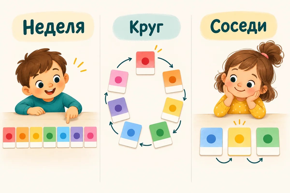 Календарь в ряд, карточки по кругу и три соседних дня