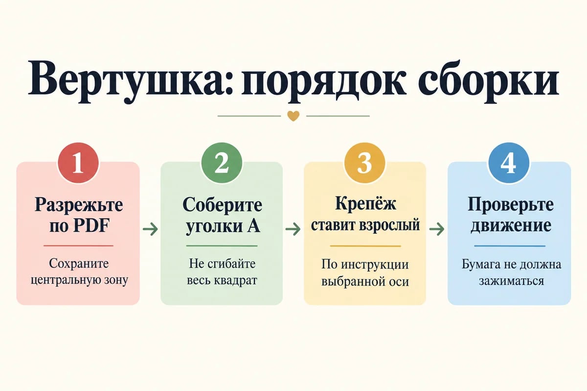 Текстовая памятка сборки вертушки: разрезы по PDF, уголки А, крепёж взрослым и проверка движения